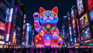 A photograph of capture a photograph of the vibrant shinjuku 3d cat led display at night