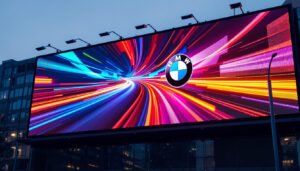 A photograph of capture a photograph of a vibrant bmw billboard featuring a cutting-edge led display