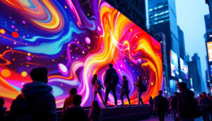 A photograph of a vibrant 14-foot led display in an engaging urban setting