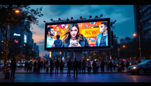 A photograph of a vibrant led billboard in an urban setting at dusk