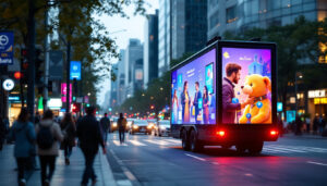 A photograph of a vibrant led mobile billboard in action on a busy city street