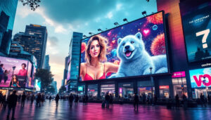 A photograph of a vibrant urban scene featuring a large led digital billboard displaying dynamic advertisements