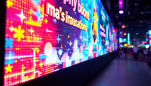 A photograph of a vibrant led display showcasing dynamic visuals and text