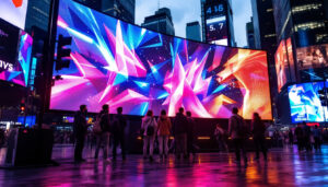 A photograph of a vibrant led display in an urban setting