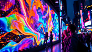 A photograph of a vibrant led display in a bustling urban setting