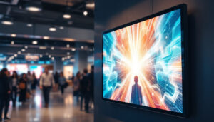A photograph of capture a photograph of a vibrant lcd digital signage display showcasing dynamic content in a bustling public space