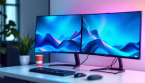 A photograph of capture a photograph of a sleek dual monitor setup on a stylish desk