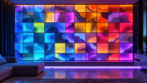 A photograph of a stylish interior wall featuring vibrant led light-up tiles in various colors and patterns