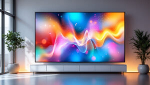 A photograph of a large lcd screen displaying vibrant led visuals in a modern setting