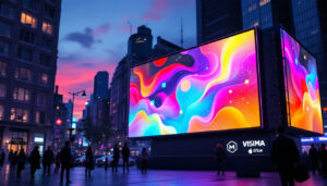 A photograph of a vibrant led display in an urban setting at dusk