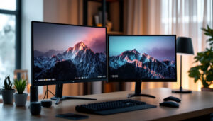 A photograph of a sleek and modern workspace featuring a dual monitor setup on a stylish monitor stand