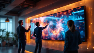A photograph of a sleek touch screen wall display in a modern setting