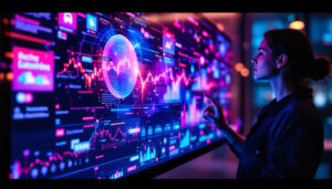 A photograph of a close-up of a vibrant 50-inch touch screen led display in use