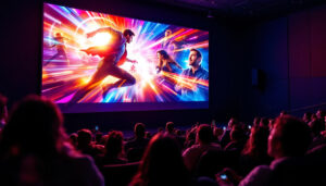 A photograph of a vibrant led display showcasing a popular movie at flat rock cinema