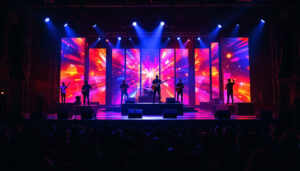 A photograph of a vibrant stage setup featuring an led display backdrop in action during a live performance