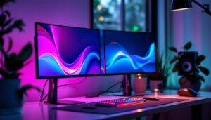 A photograph of a sleek dual monitor setup mounted on a stylish desk