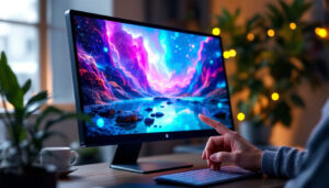 A photograph of a sleek hewlett packard touch screen monitor in a well-lit environment