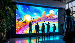 A photograph of a vibrant led wall display in an engaging setting