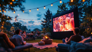 A photograph of a vibrant outdoor movie setup featuring a large led screen displaying a classic film