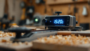 A photograph of a close-up shot of a planer with an led display in a woodworking workshop setting
