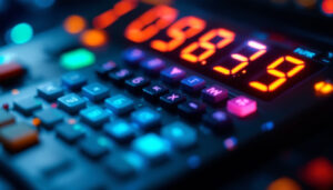 A photograph of a close-up shot of a calculator's led display in action