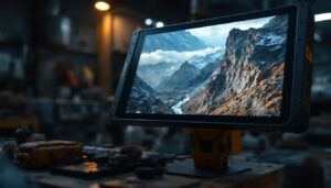 A photograph of a rugged touch screen monitor in an industrial or outdoor setting