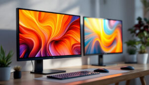 A photograph of a side-by-side comparison of an lcd monitor and an led monitor