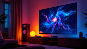 A photograph of a modern projector and screen setup in a dimly lit room