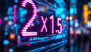 A photograph of a close-up shot of a vibrant led display showcasing the numerical equation "2 x 1.5