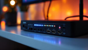A photograph of a close-up shot of a switch selector hdmi device with an illuminated led display