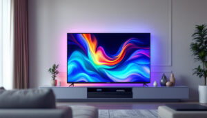 A photograph of a large led tv prominently displayed in a modern living room setting