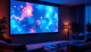 A photograph of a 100-inch pull-down projector screen in a well-lit home theater setting
