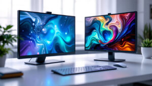 A photograph of capture a photograph of a side-by-side comparison of an oled and a micro led display