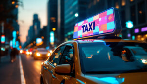 A photograph of a vibrant taxi with a prominent led display on its roof