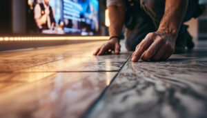A photograph of a skilled installer carefully laying large format tiles on a floor