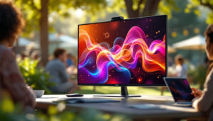 A photograph of a vibrant outdoor setting showcasing an lcd monitor displaying dynamic content