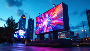 A photograph of a vibrant led display in an urban setting at dusk