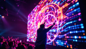 A photograph of a vibrant led display in action during a game of walls