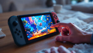 A photograph of a nintendo switch console displaying a vibrant game on its screen