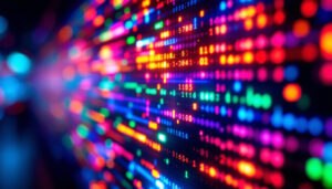 A photograph of a close-up shot of a vibrant led display showcasing a diagonalized matrix