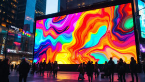 A photograph of a vibrant led display in an urban setting