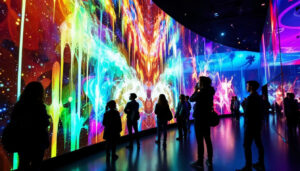 A photograph of capture a photograph of a vibrant led display showcasing an engaging exhibit or artwork at a beaverton museum