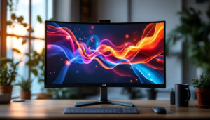 A photograph of a sleek 16-inch led desktop monitor displaying vibrant graphics or a visually appealing interface