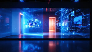 A photograph of a high-tech led display showcasing a visual representation of how cameras can "see through walls