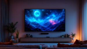 A photograph of a modern projector screen mounted on a wall