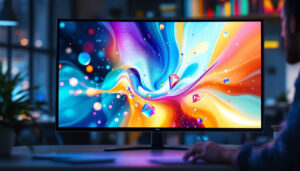 A photograph of a large screen led monitor displaying vibrant