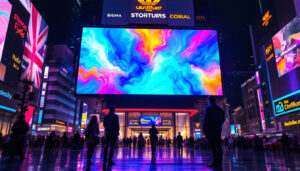 A photograph of a large led display in a vibrant urban setting