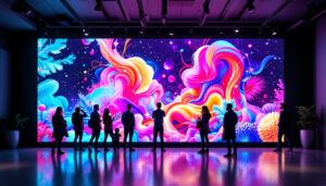 A photograph of a vibrant led display wall in a modern setting