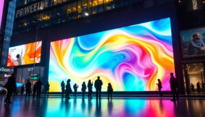 A photograph of a vibrant led display sign in a bustling urban setting