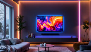 A photograph of a modern living room featuring a sleek led display mounted on an accent wall